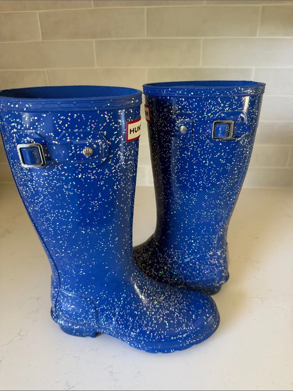 Kids Hunter Tall Glitter Rain Boots - Royal Blue with Silver Sparkle
